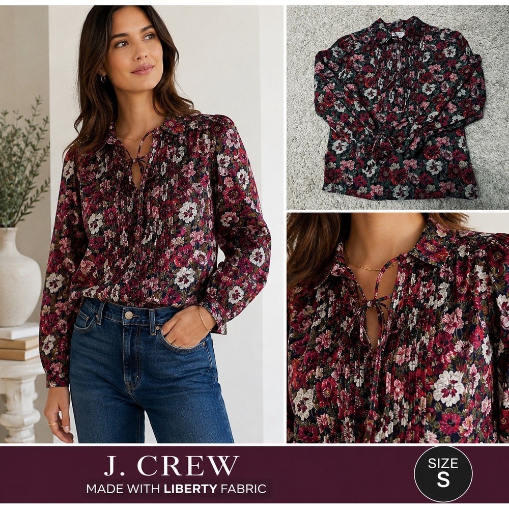J. Crew Liberty Fabric Floral Blouse Top Small Long Sleeve Pintuck Tie Neck‎
